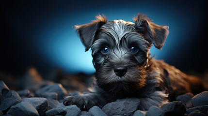 A Miniature Schnauzer puppy lying down by rocks with a blue background, in the style of contrasting lights and darks - Generative AI