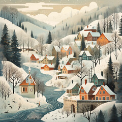 Whimsical illustrations of snowy landscapes, charming villages, and cozy winter scenes