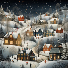 Whimsical illustrations of snowy landscapes, charming villages, and cozy winter scenes