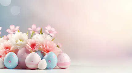 colourful flowers and bunny on pastel background. easter background