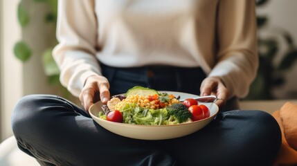 Obraz na płótnie Canvas Vegetarian dish on a plate someone is holding Close up photo