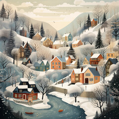 Whimsical illustrations of snowy landscapes, charming villages, and cozy winter scenes