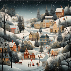 Whimsical illustrations of snowy landscapes, charming villages, and cozy winter scenes