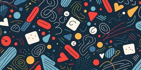 Naklejka premium A Cute and fun children's cartoon abstract minimalist doodle drawing with lines and geometric shapes. Trendy colorful simple background, wallpaper texture design for kids, birthday. Generative AI, AI