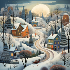 Whimsical illustrations of snowy landscapes, charming villages, and cozy winter scenes