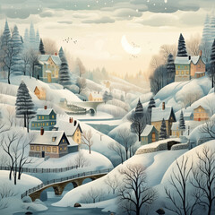 Whimsical illustrations of snowy landscapes, charming villages, and cozy winter scenes
