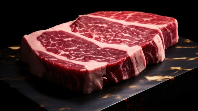 High quality fresh beef slices, ribeye close up view.	