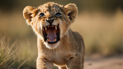 lion cub roaring , nature wildlife photography