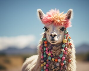 A Llama Rocking a Pink Mohawk and Stylish Beaded Necklace