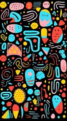 Fototapeta premium A Cute and fun children's cartoon abstract minimalist doodle with lines and geometric shapes. Trendy colorful simple background, wallpaper texture design for kids. Generative AI, AI