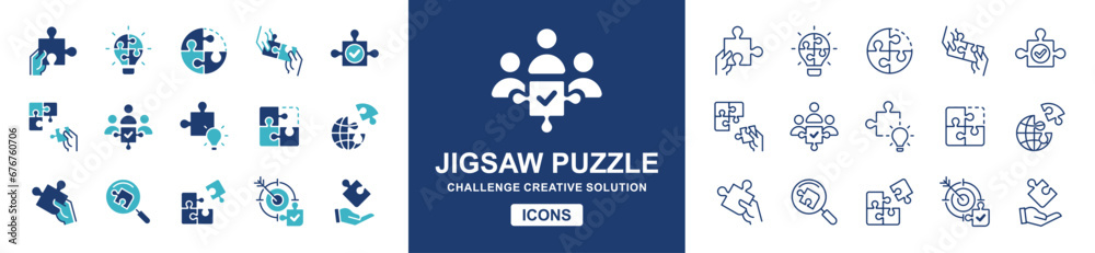Poster puzzle challenge solution icon set. Teamwork mission problem solving match jigsaw piece vector illustration