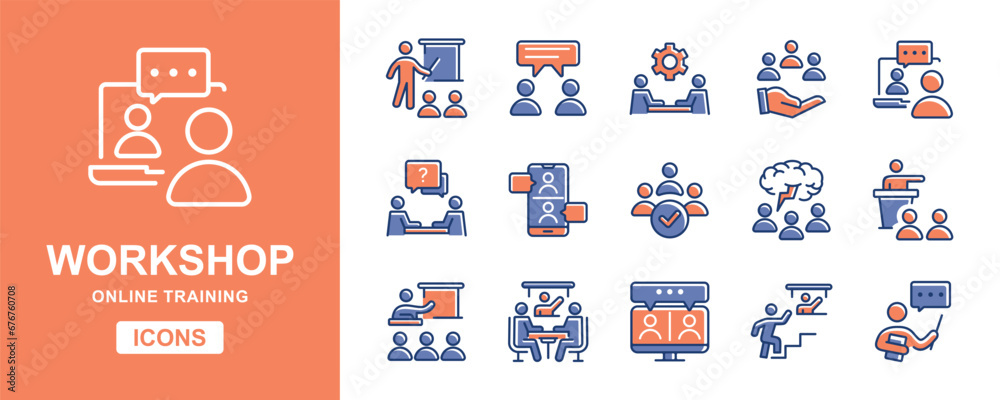 Aufkleber workshop seminar online training icon set human resource skill course development vector illustratio