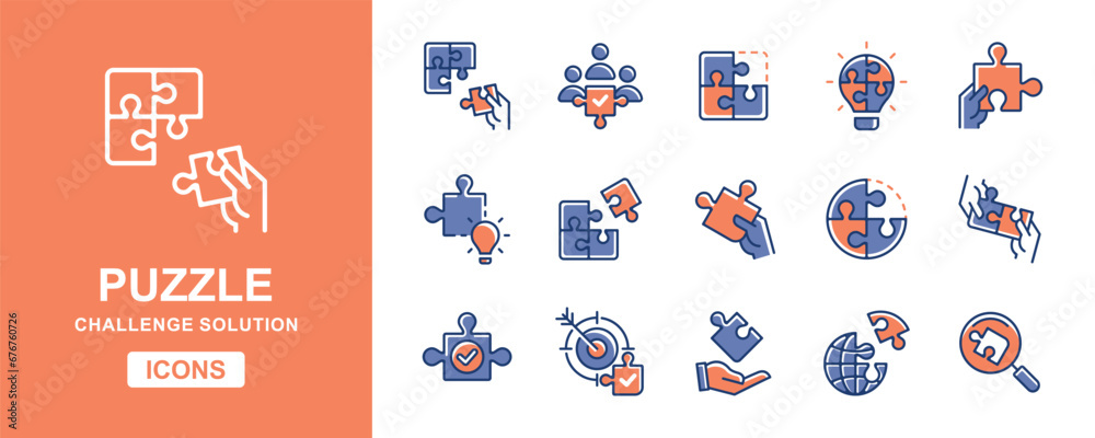 Poster teamwork challenge puzzle solution icon set business partnership objective problem solving jigsaw ma