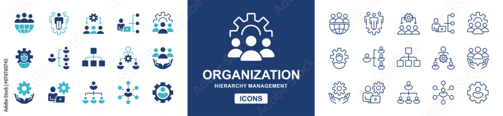 Poster human resource organization management with gear setting icon set teamwork structure hierarchy leadership diagram employee network symbol vector collection illustration for web and app
