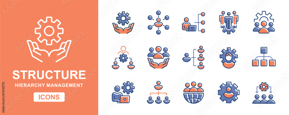 Poster human resource organization structure icon set teamwork hierarchy management with gear symbol vector illustration