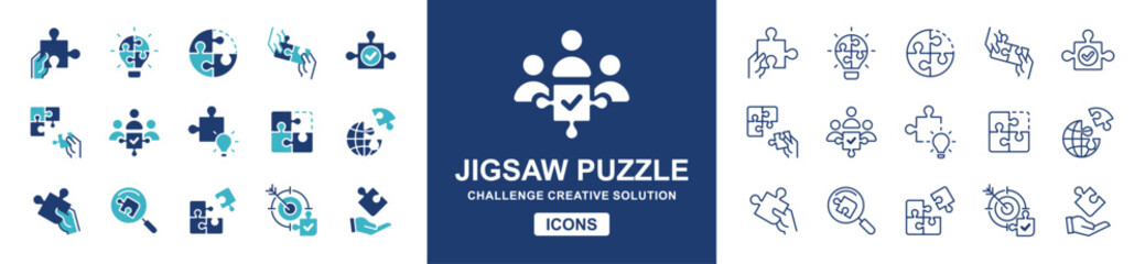 puzzle challenge solution icon set. Teamwork mission problem solving match jigsaw piece vector illustration - obrazy, fototapety, plakaty