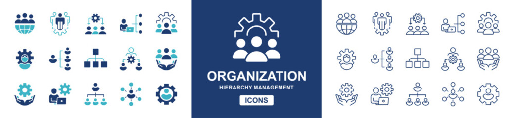 human resource organization management with gear setting icon set teamwork structure hierarchy leadership diagram employee network symbol vector collection illustration for web and app