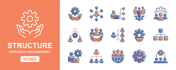 human resource organization structure icon set teamwork hierarchy management with gear symbol vector illustration