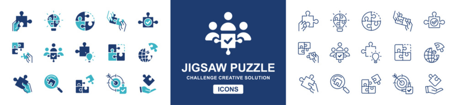 puzzle challenge solution icon set. Teamwork mission problem solving match jigsaw piece vector illustration
