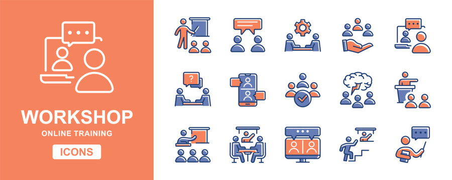 workshop seminar online training icon set human resource skill course development vector illustration business teamwork coaching symbol for web and app