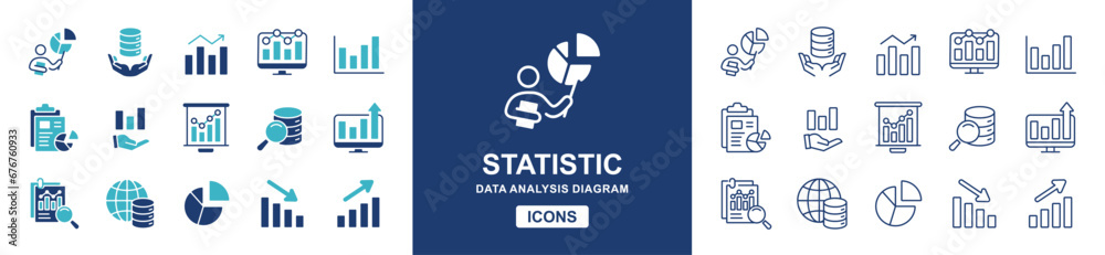 Poster data analysis graph icon vector set. Business diagram statistic data chart, monitoring, report, marketing performance, management symbol icons illustration. Solid and line styles collection