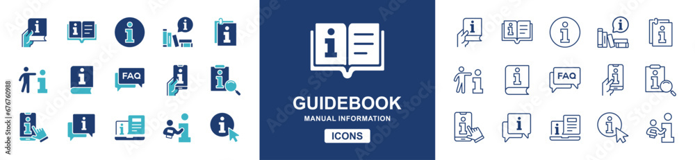 Poster information icons set. guidebook manual info client support instruction symbol icons vector illustration for web and app