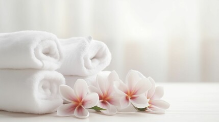 Fototapeta na wymiar Spa Serenity: Plumeria Adorned Towel Stack