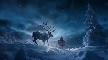 two deer and sleigh walking through the snow in winter - obrazy, fototapety, plakaty