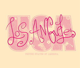 Los angels USA college text graphic print, girls college prints, pink color text prints , American slogan tee