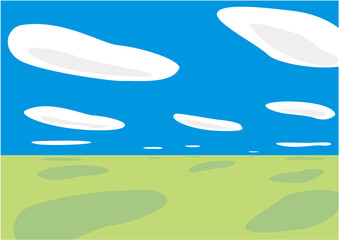青空の草原に雲が流れているイラスト