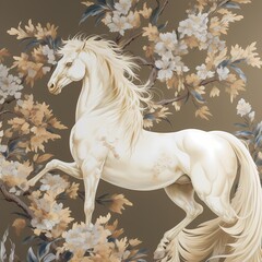 Chinese lucky animal Chinoiseries wallpaper with beautiful horse in fantasy dreamland super detailed painting style