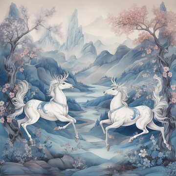 Chinese lucky animal Chinoiseries wallpaper with beautiful horse in fantasy dreamland super detailed painting style