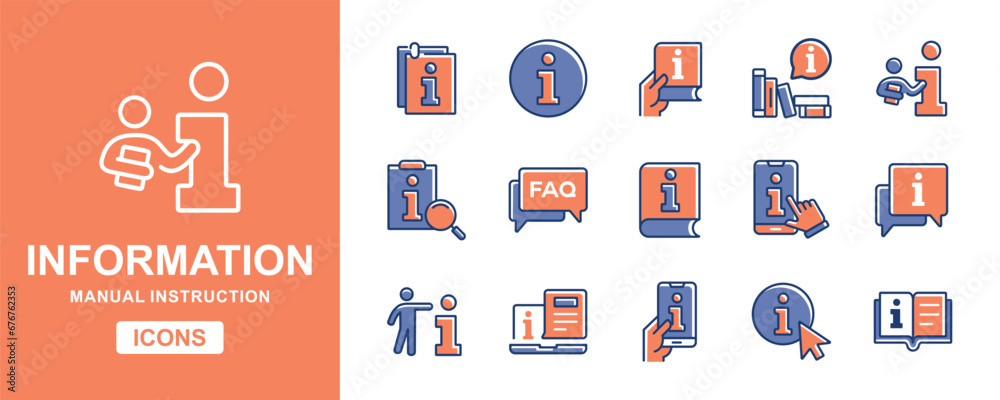 Poster collection of guidebook manual information icon set. business client manual instruction, reference, 