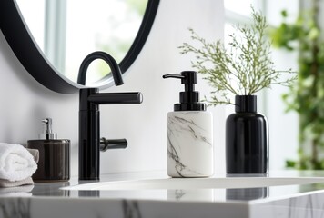 White marble sink has thick black lines. black soap dispenser and a tall mirror - obrazy, fototapety, plakaty