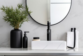 White marble sink has thick black lines. black soap dispenser and a tall mirror