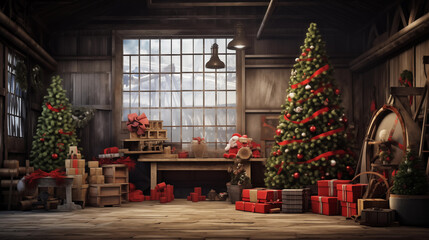 Fototapeta na wymiar Christmas interior rural background, Santa Claus rustic workshop
