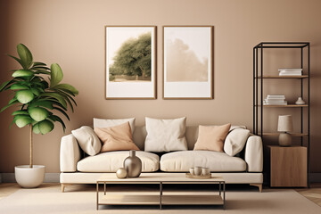 Beige and brown warm living room interior, wabi sabi minimalism style