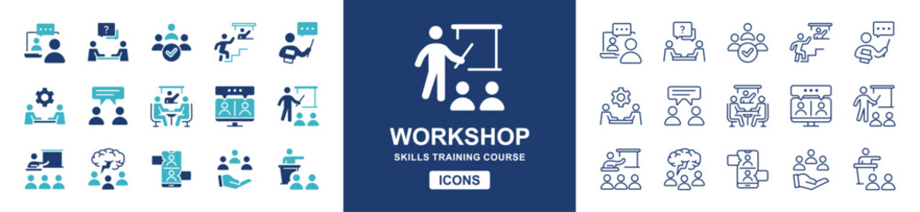 set of online course training skills seminar icon vector workshop human resource development conference teamwork coaching symbol collection illustration
