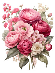 Watercolor set of pink Ranunculus, Hydrangea, carnations and daisies. A bunch of beautiful flower petal. Floral for decoration for valentine or wedding. 