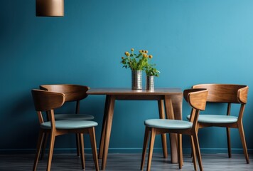 Wooden table and chairs against blue walls, mid-century style interior design.