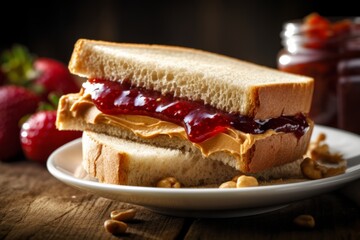 Peanut Butter and Jelly Sandwich Close Up, Halves, On Table