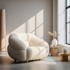 Fototapeta na wymiar Bouclé white armchair against the backdrop of a minimalist modern interior