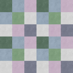 Seamless hand drawn pattern, not AI. Textured checkered abstract background in blue, violet and green color. For surface, wallpaper or fabric design.