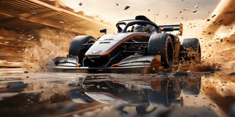 3D rendering of a racing car in motion with splashes of water. ia generative - obrazy, fototapety, plakaty