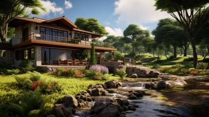 Fototapeta premium Live green, live serene! A house nestled in vibrant greenery. Invest in stocks embodying eco-friendly living and the charm of nature.
