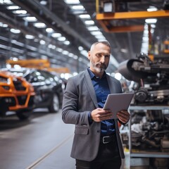 Portrait of an engineer builder businessman with a tablet in his hands working in a modern plant of heavy metal industry, generation ai