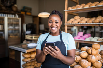 A young woman in an apron is holding a cell phone while standing in front of a bakery.