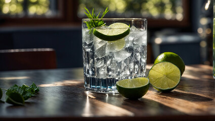 Glass with gin tonic, lime, ice - obrazy, fototapety, plakaty