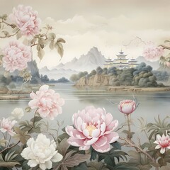 Chinese lucky animal Chinoiseries wallpaper with beautiful Nostalgic in fantasy dreamland super detailed painting