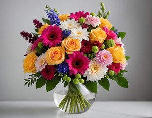 a stunning, vibrant bouquet of flowers, featuring a variety of colors and textures. The flowers are arranged artistically, with each petal and stem delicately captured. 